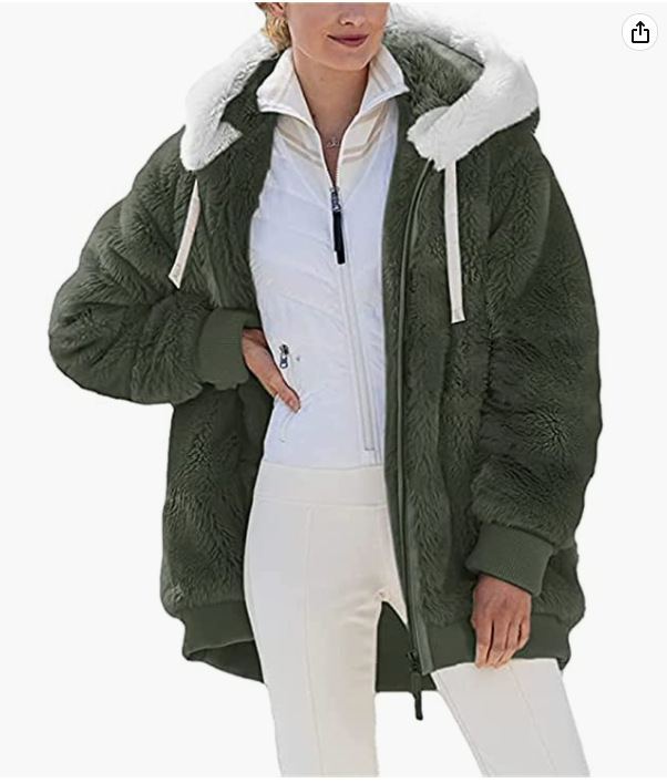 Women's Loose Solid Fleece Zip-Up Hooded Jacket