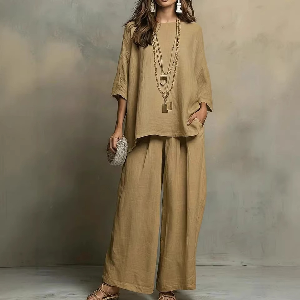 Women's Cotton-Linen Blend Shirt & Wide-Leg Pants Set