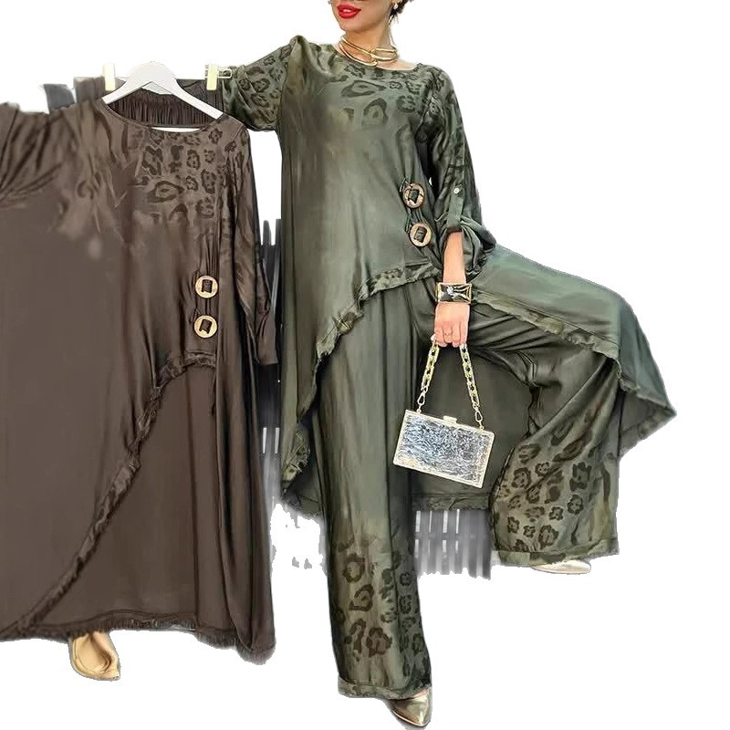 Women's Irregular Leopard Print Ring Buckle Pant Set
