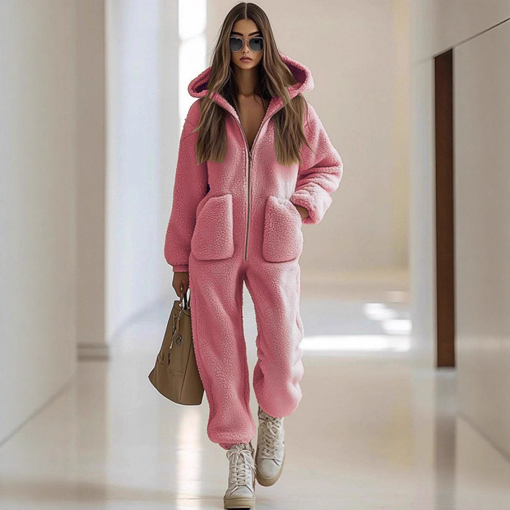 Women's Hooded Fleece Jumpsuit with Pockets Straight Leg Loose Fit
