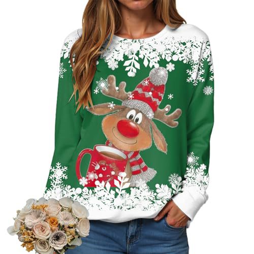 Women's Christmas Reindeer Snowflake Print Crewneck Sweatshirt
