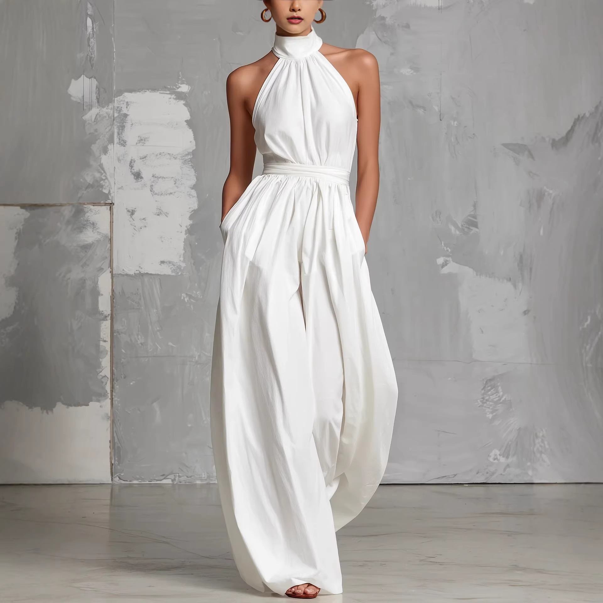 White Ruched Waist Long Sleeve Jumpsuit