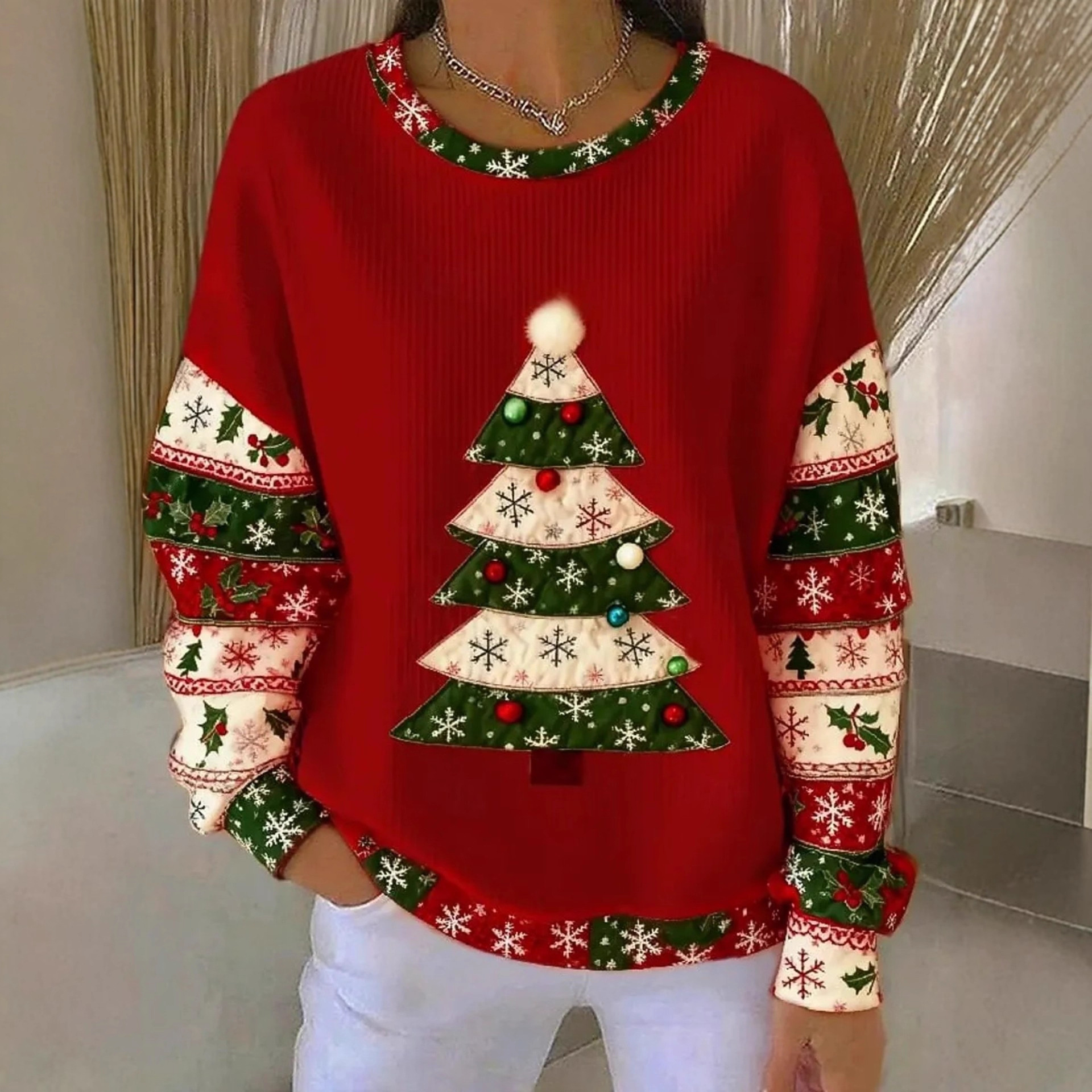 Women's Christmas Bow Plaid Print Crewneck Sweatshirt