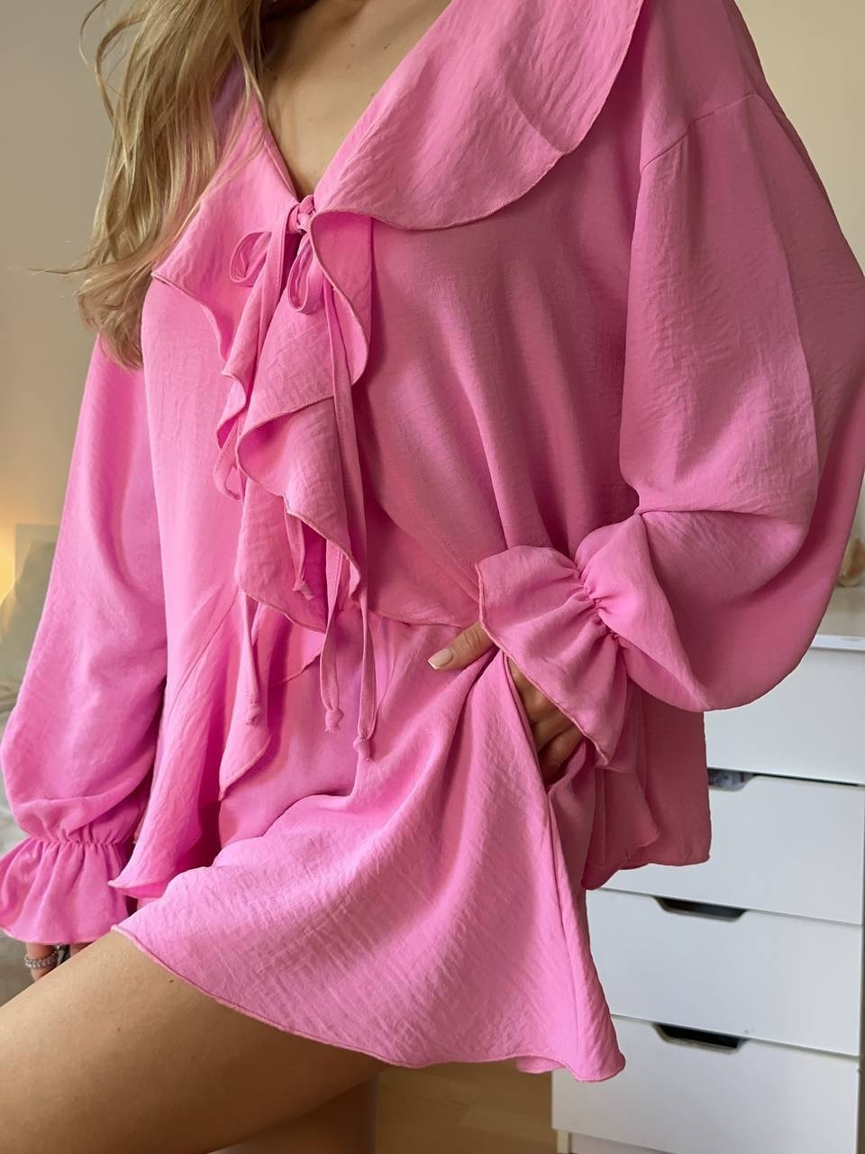 Women's Ruffle Trim Loose Top and Shorts Two-Piece Set