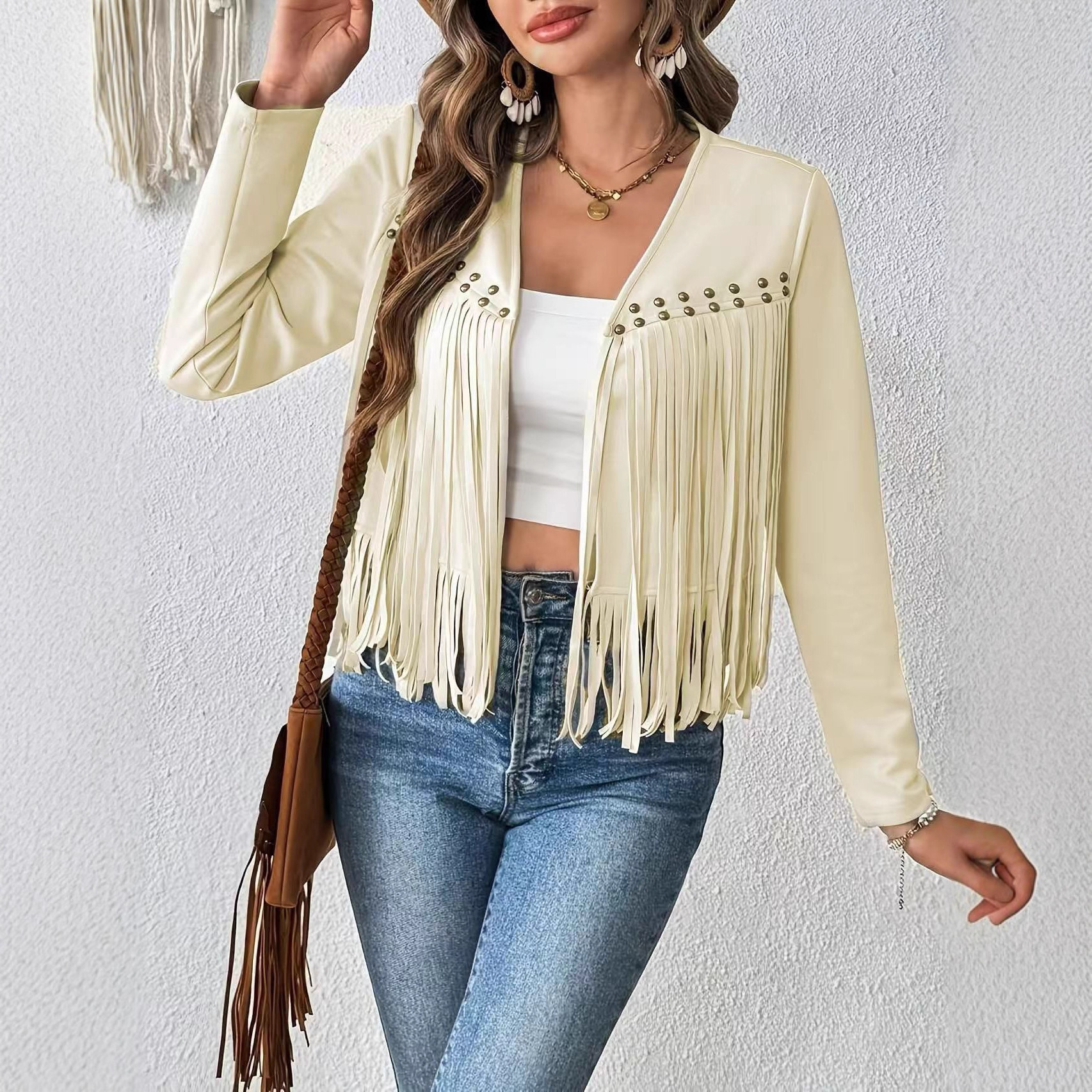 Fringe Faux Suede Studded Open-Front Mid-Length Cardigan Jacket