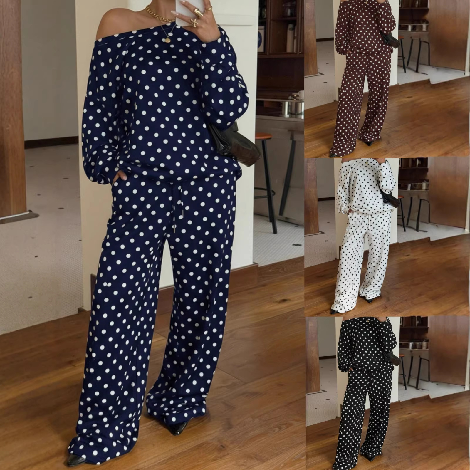 Women's Polka Dot Print One-Shoulder Long Sleeve Drawstring Pants Casual Two-Piece Set