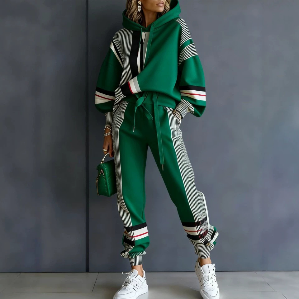 Women's Printed Hooded Long Sleeve Long Pants Casual Set