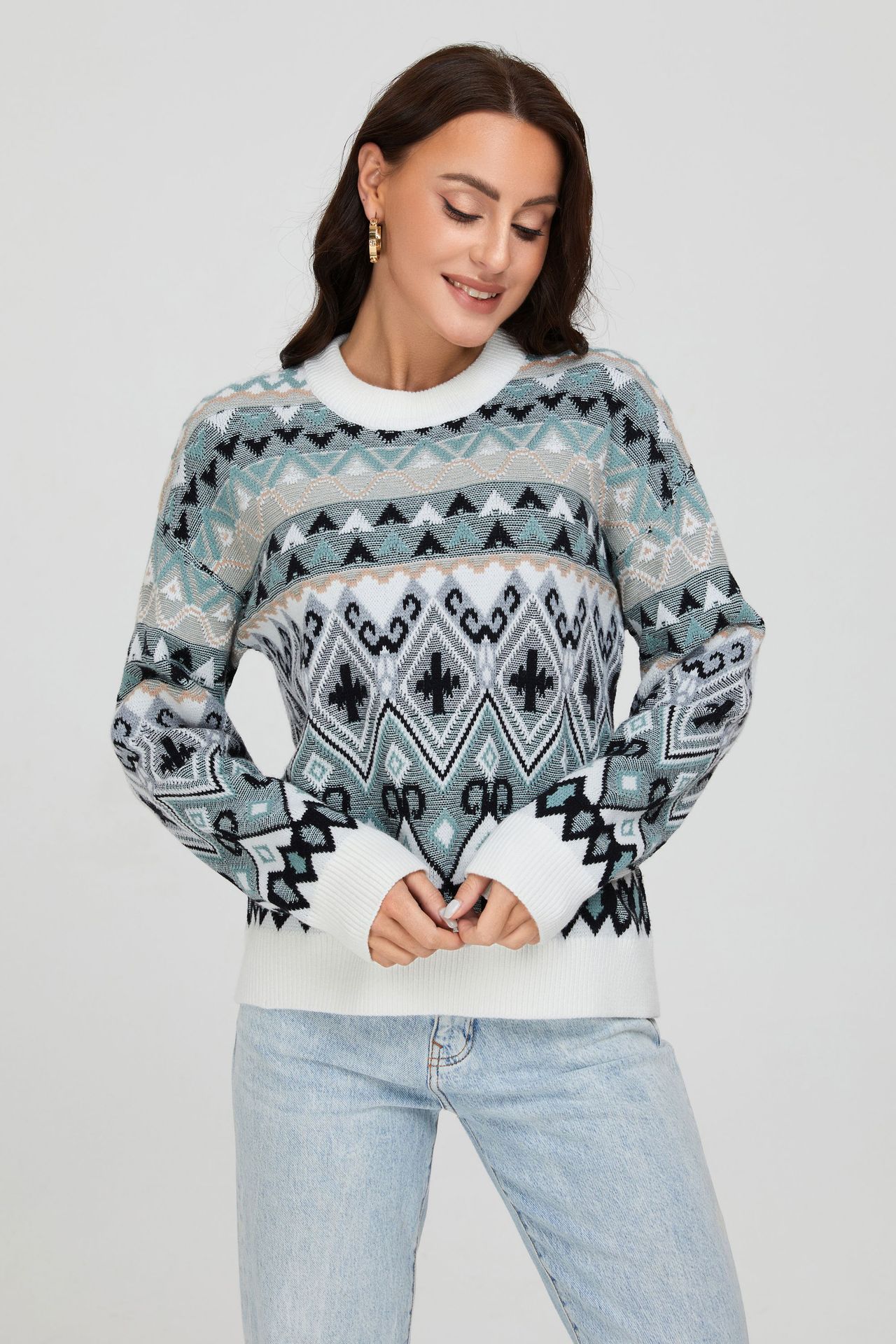 Fair Isle Retro Diamond Geometric Jacquard Knit Sweater Women's Crewneck Long Sleeve