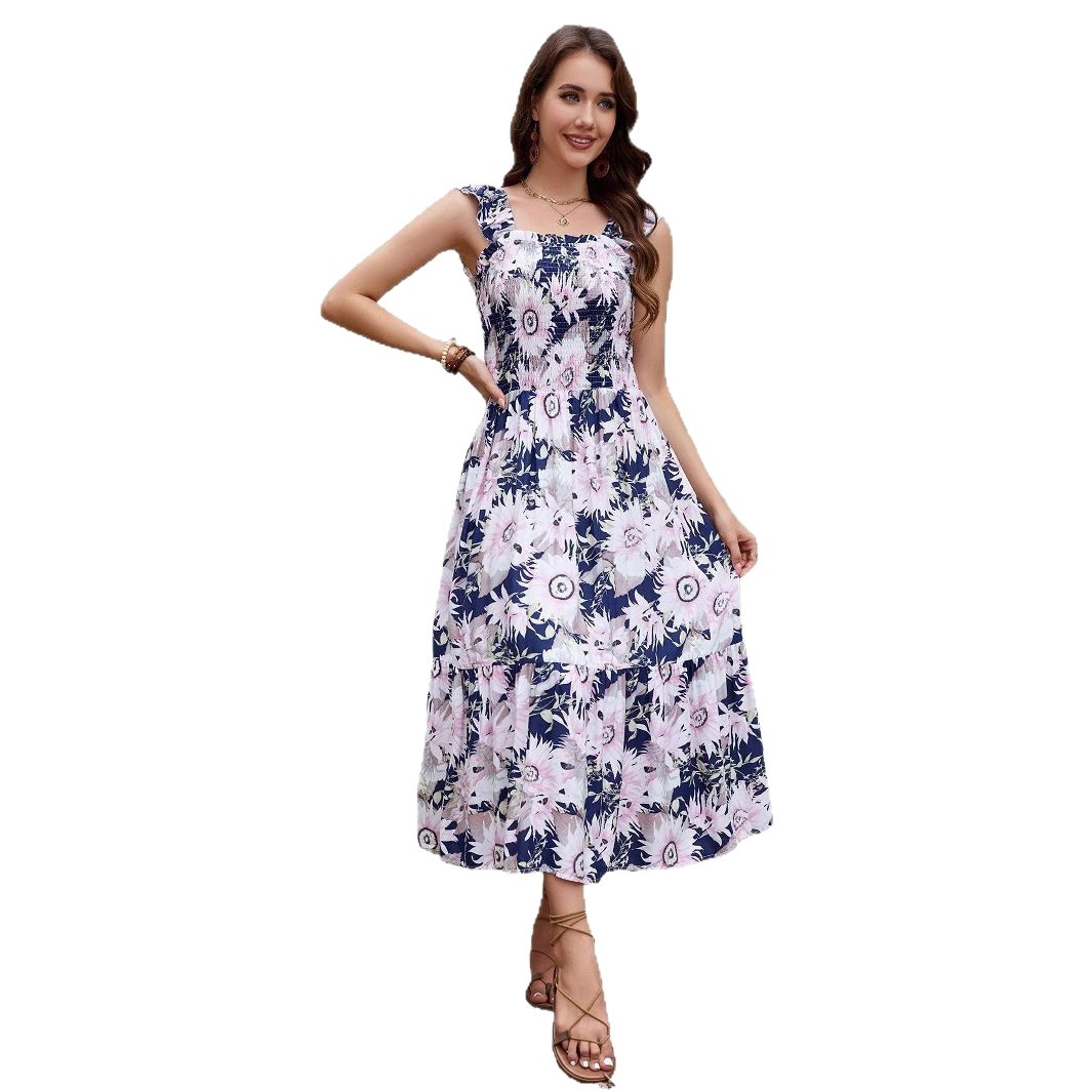 Women's Floral Print Ruffle Sleeve Tie-Waist Cami Maxi Dress