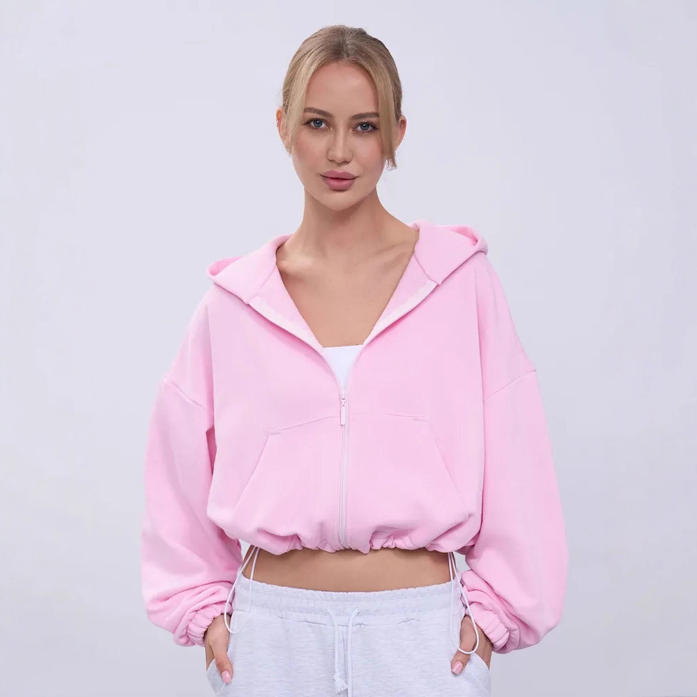 Women's Solid Color Hooded Zip-Up Waist-Cinched Cropped Jacket