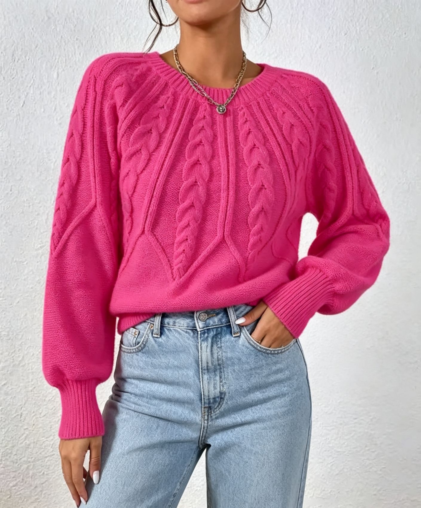 Women's Cable-Knit Crewneck Pullover Sweater Long-Sleeve Solid Color
