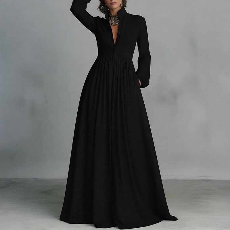 Women's Slim Fit V-Neck Colorblock Long Dress