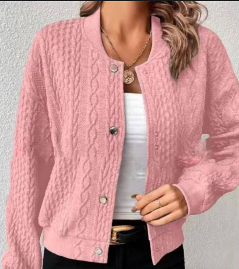 Women's Casual Jacquard Stand Collar Single-Breasted Bomber Jacket