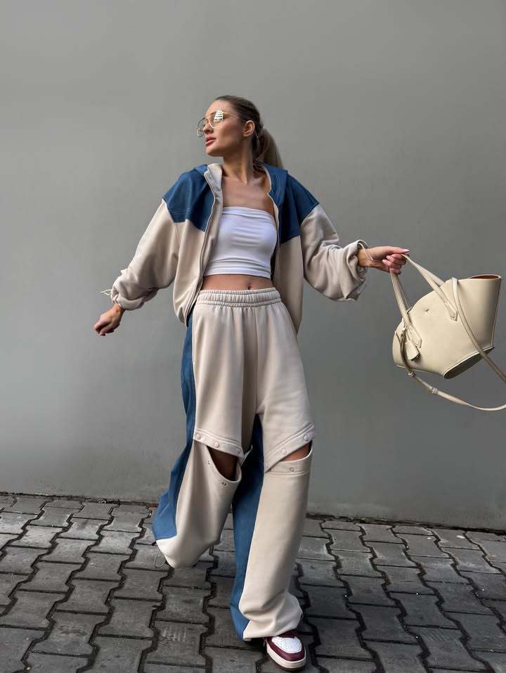 High Street Colorblock Hooded Cardigan & Distressed Button Pants Two-Piece Set
