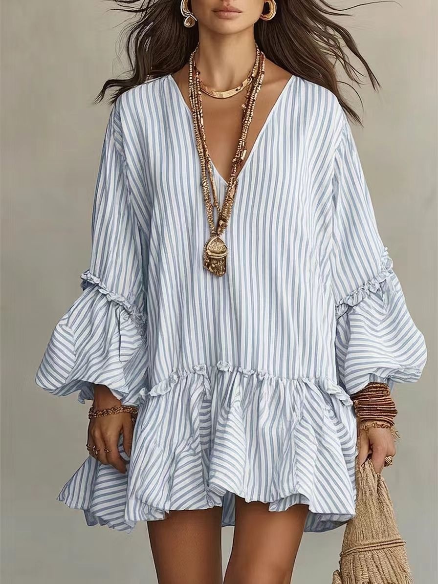 Women's Striped Print V-Neck Lantern Sleeve Loose A-Line Short Dress