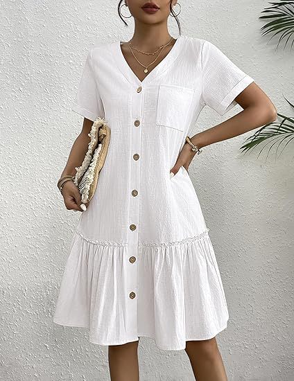 Women's Button-Front Cotton-Linen Midi Dress with Ruffle Hem and Short Sleeves