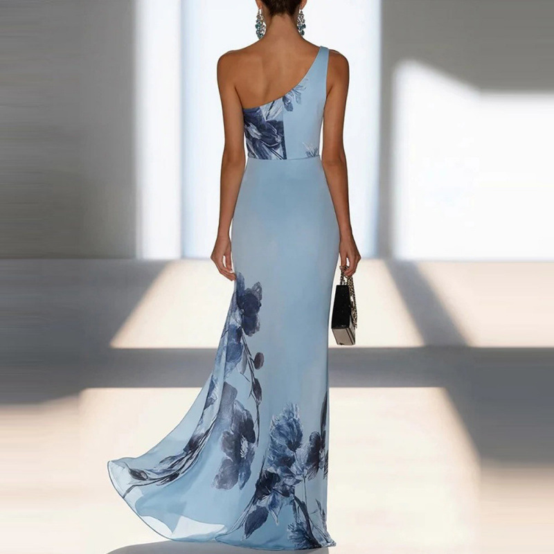 Blue Floral One-Shoulder Long Dress Elegant Evening Gown