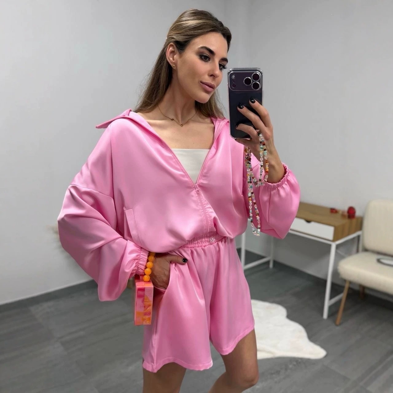 Retro Faux Leather Two-Piece Set: Cropped Zip Jacket & High-Waist Wide-Leg Shorts