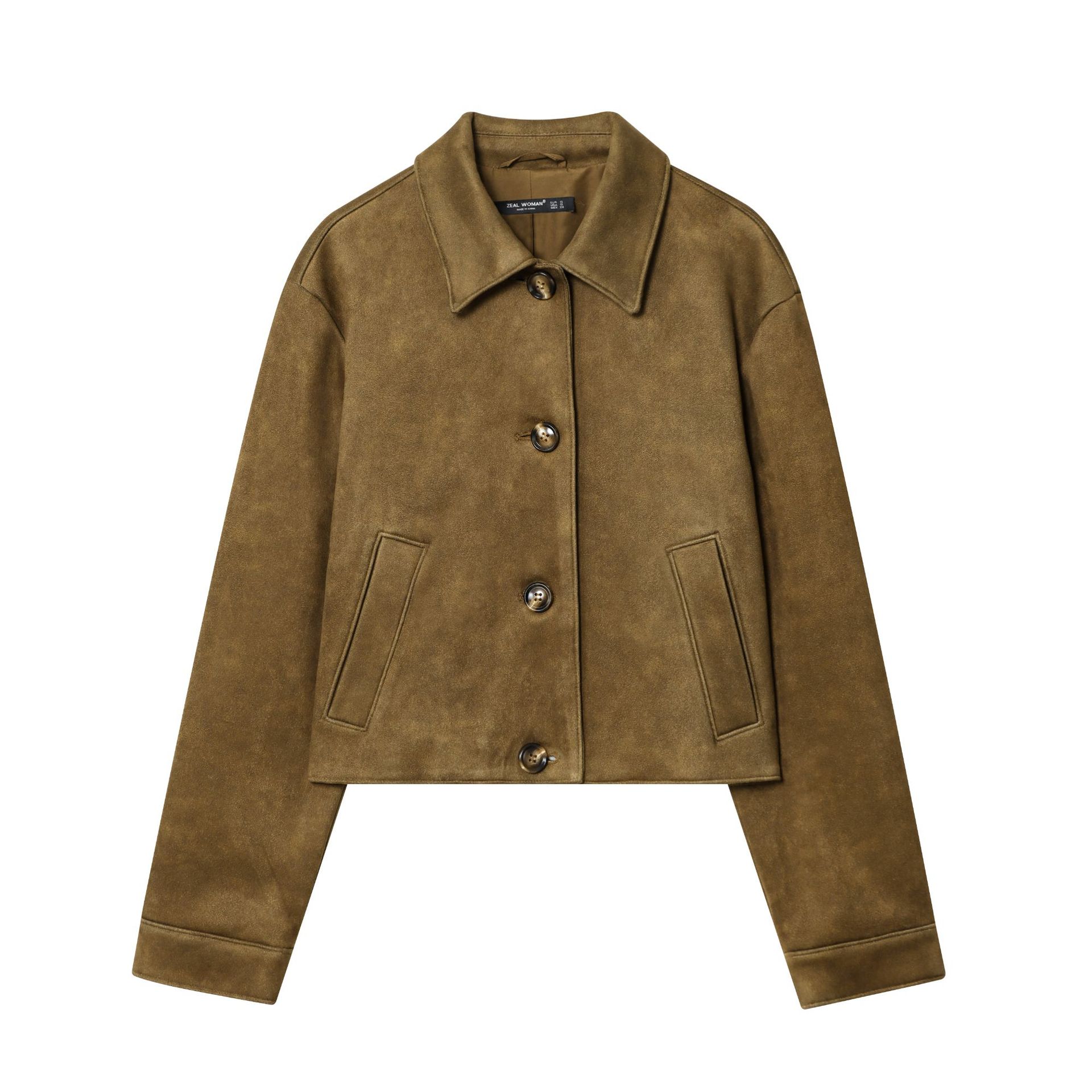 Women's Cropped Faux Suede Jacket with Button Front and Round Neck