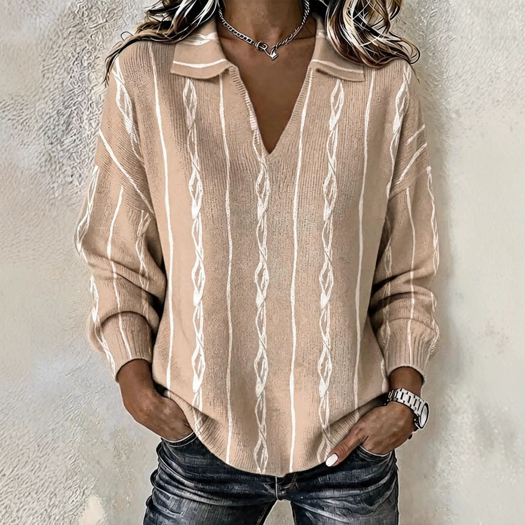 Women's Minimalist Solid Print V-Neck Casual Sweatshirt