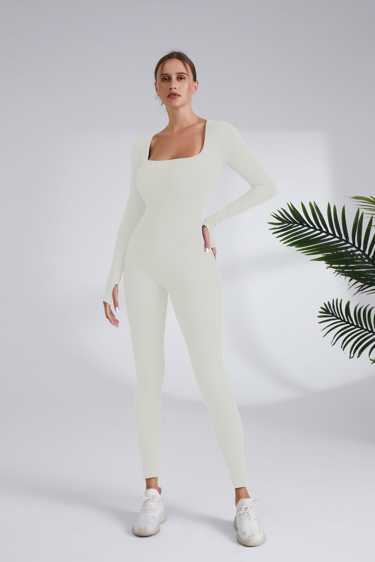 Women's Ribbed Long Sleeve One-Piece Yoga Jumpsuit Quick-Dry Running Fitness Bodysuit