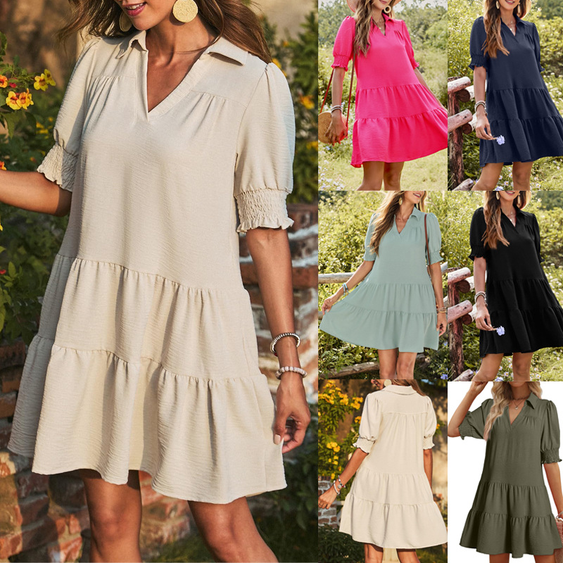 Women's Ruched V-Neck Colorblock Puff Sleeve Midi Dress