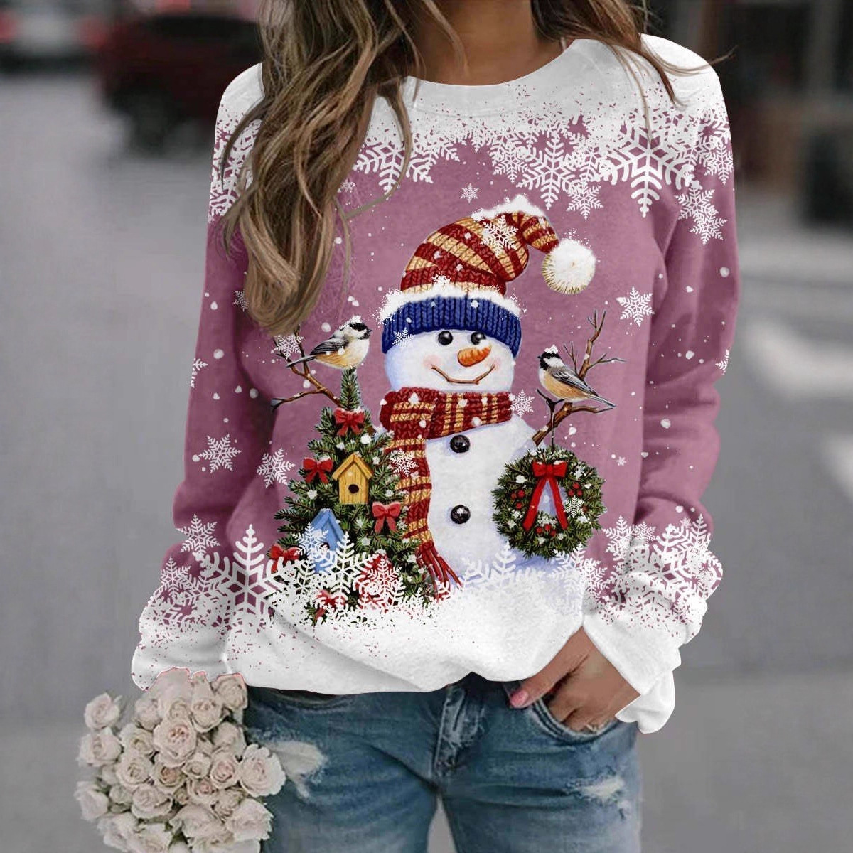 Women's Christmas Snowman Snowflake Print Crewneck Sweatshirt