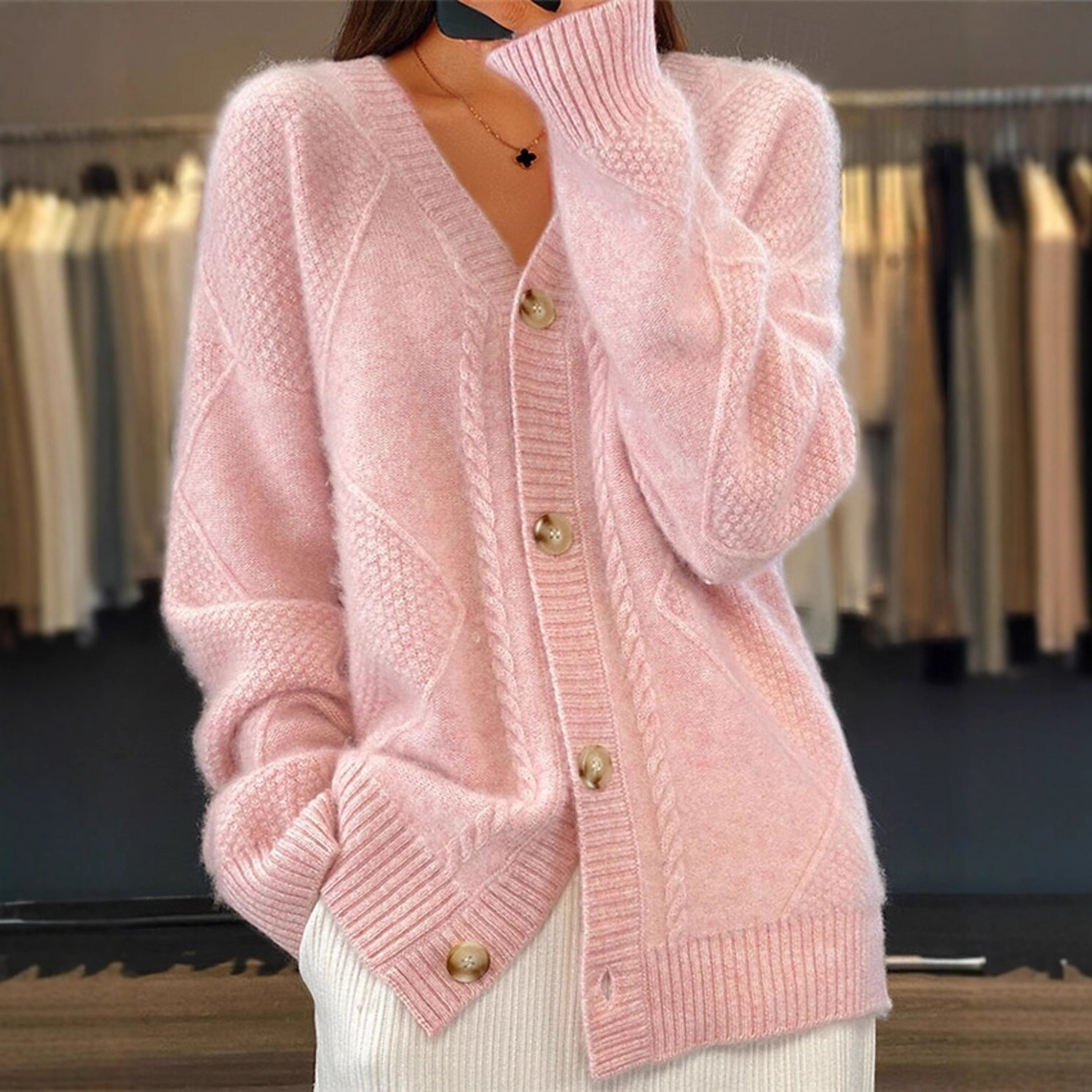 Women's Solid V-Neck Button-Front Knit Cardigan Long Sleeve