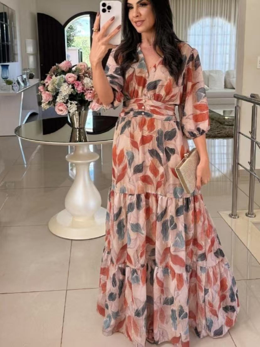Women's V-Neck Floral Print Long Dress with Lantern Sleeves