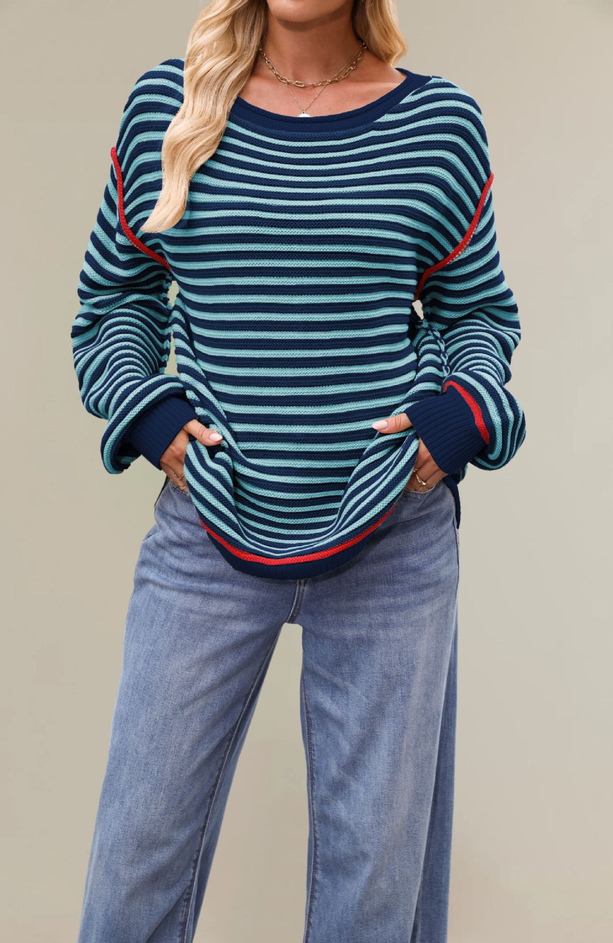 Striped Crewneck Pullover Sweater Loose Long Sleeve