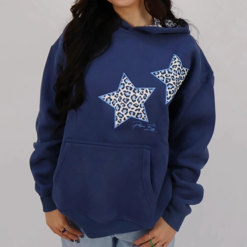 Star Embroidered Hooded Pullover Sweatshirt Women's Loose Casual