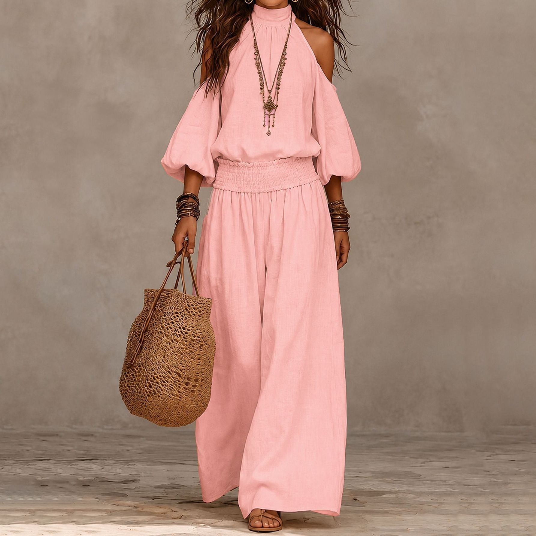Women's Casual Crewneck Loose Top & Wide-Leg Pants Set