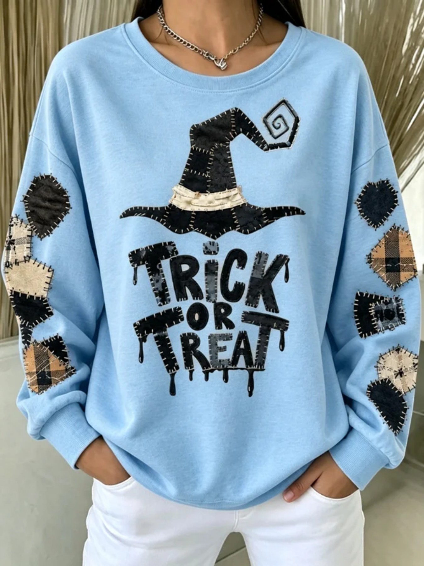 Halloween Witch Hat Letter Print Long Sleeve Pullover Sweatshirt