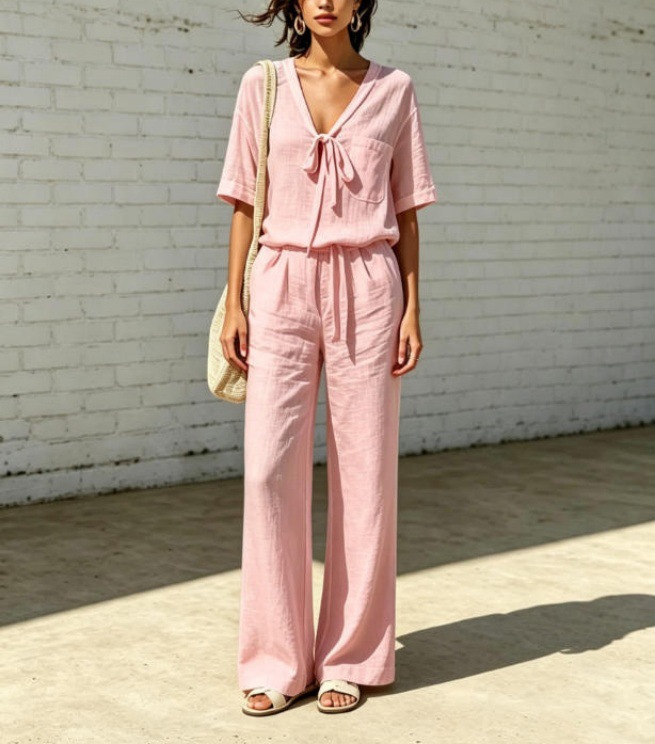 Women's Summer V-Neck Half-Sleeve Tie-Waist Casual Pants Set
