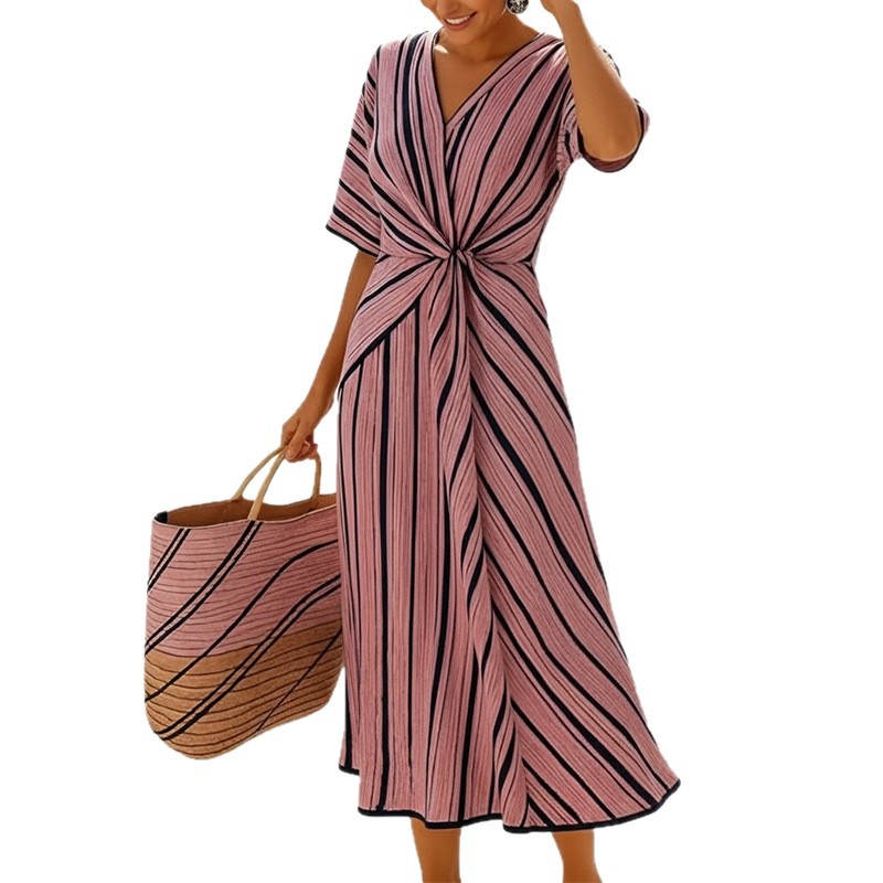 Women's V-Neck Tie Striped Dress Casual Comfortable Long