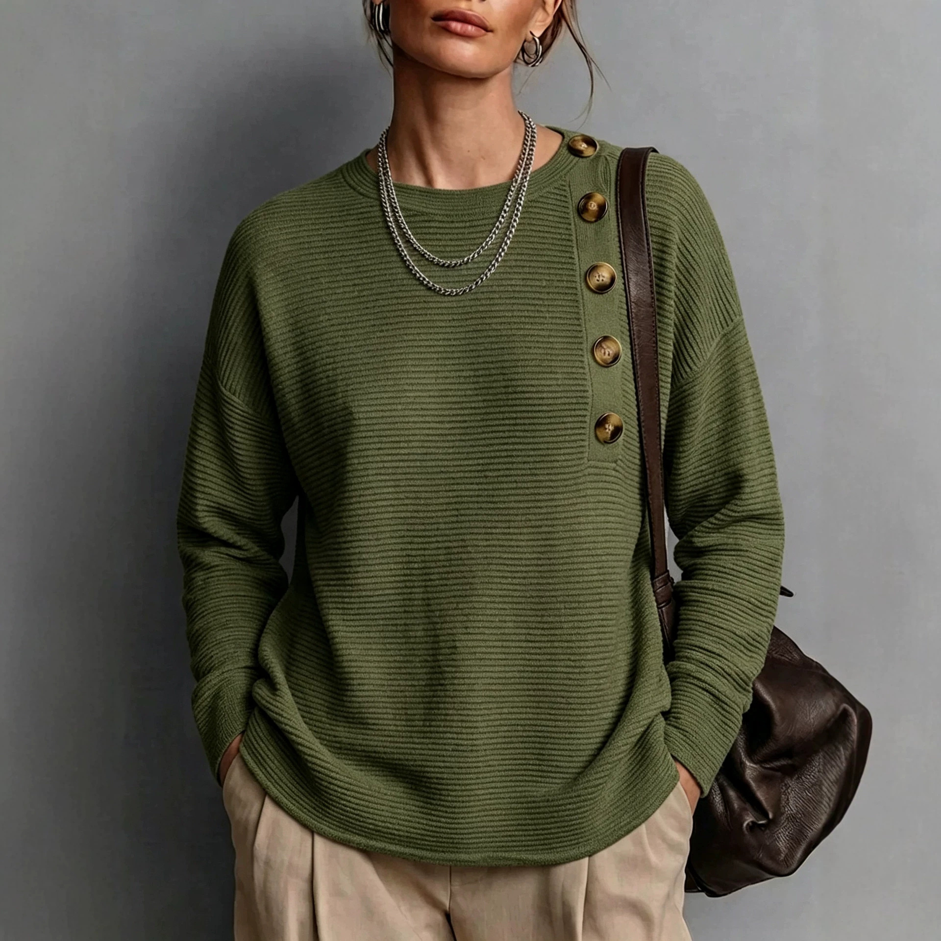 Women's Solid Button Knit Shirt Long Sleeve Crew Neck Loose Fit