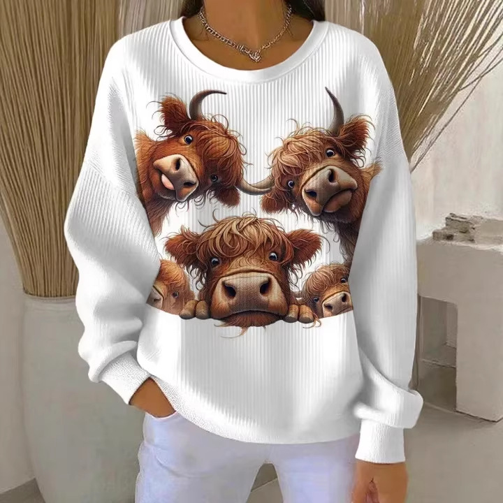 Women's Bull Head Print Crewneck Sweatshirt Casual Pullover
