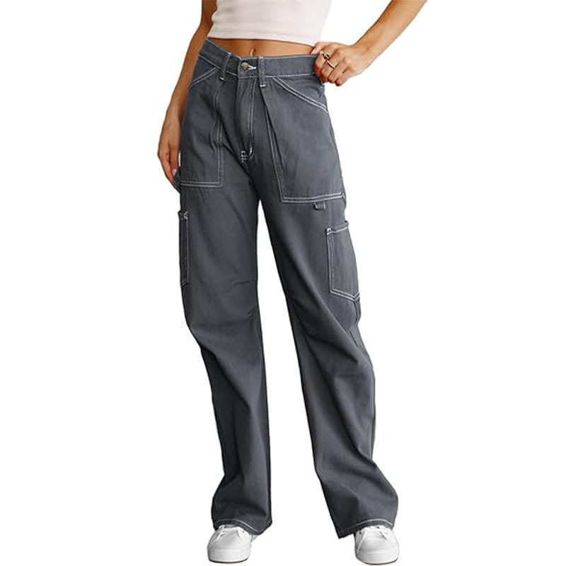 Women's High-Waist Straight-Leg Cargo Pants with Six Pockets
