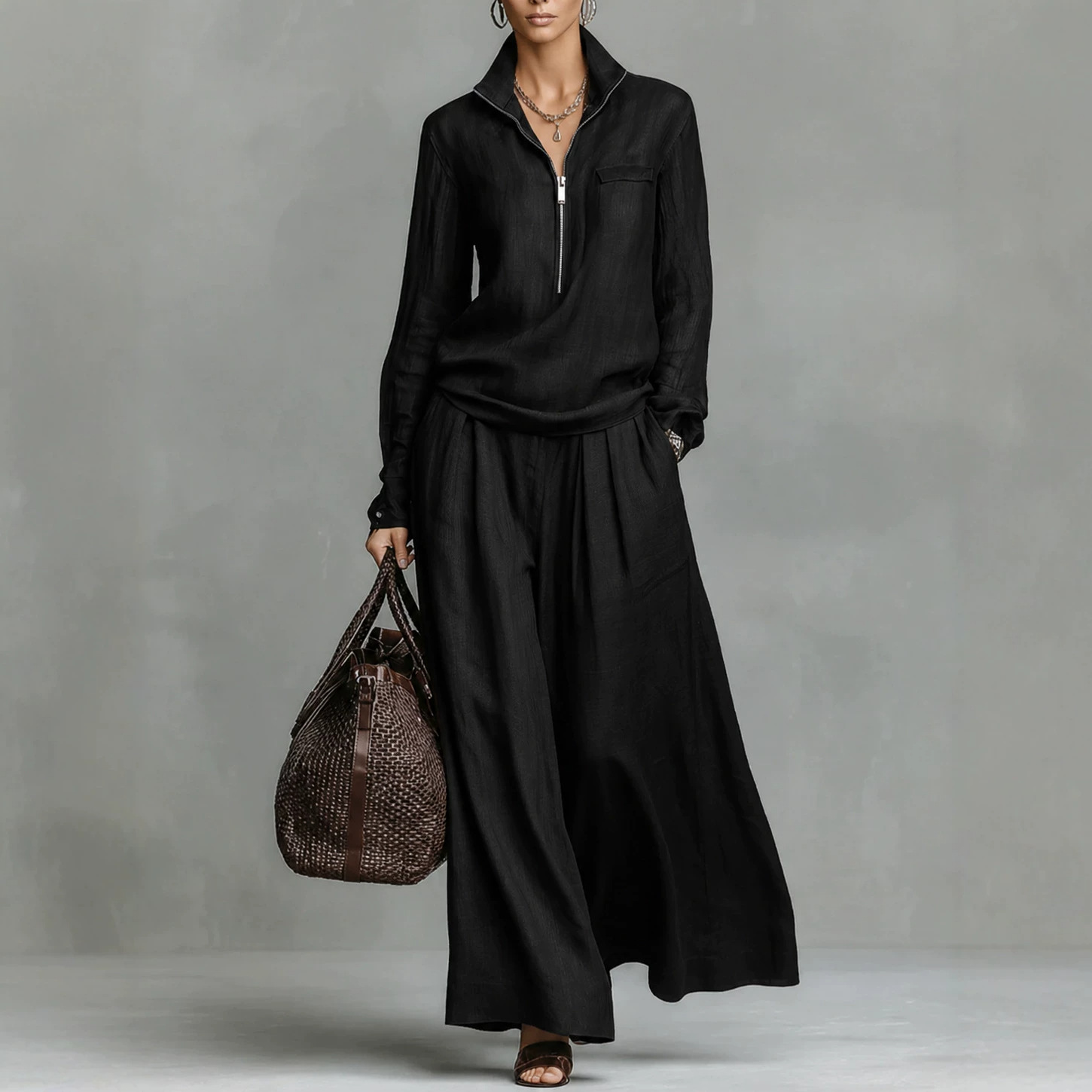 Women's Zip-Up Wide-Leg Pants Set Casual Solid Color