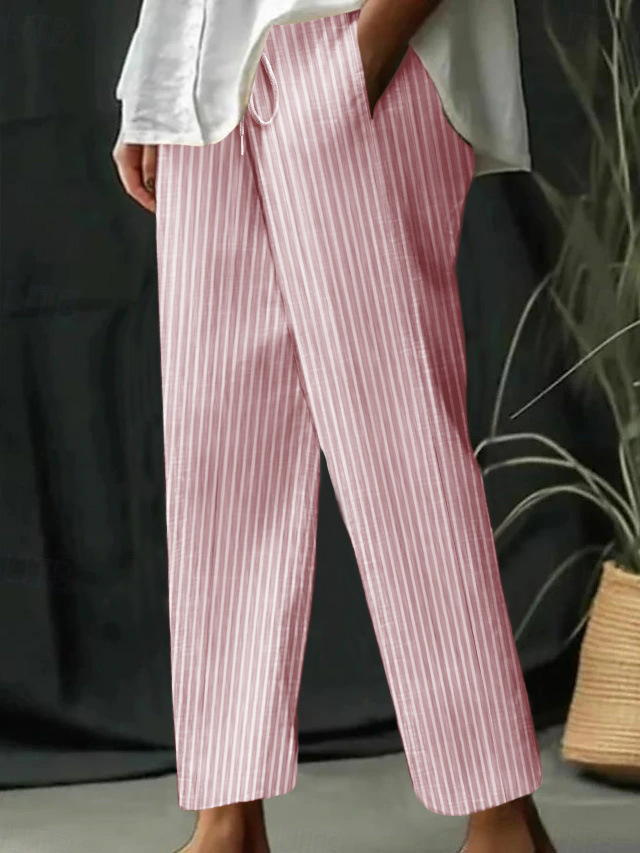 Striped & Solid Cotton-Linen Loose Casual Pants