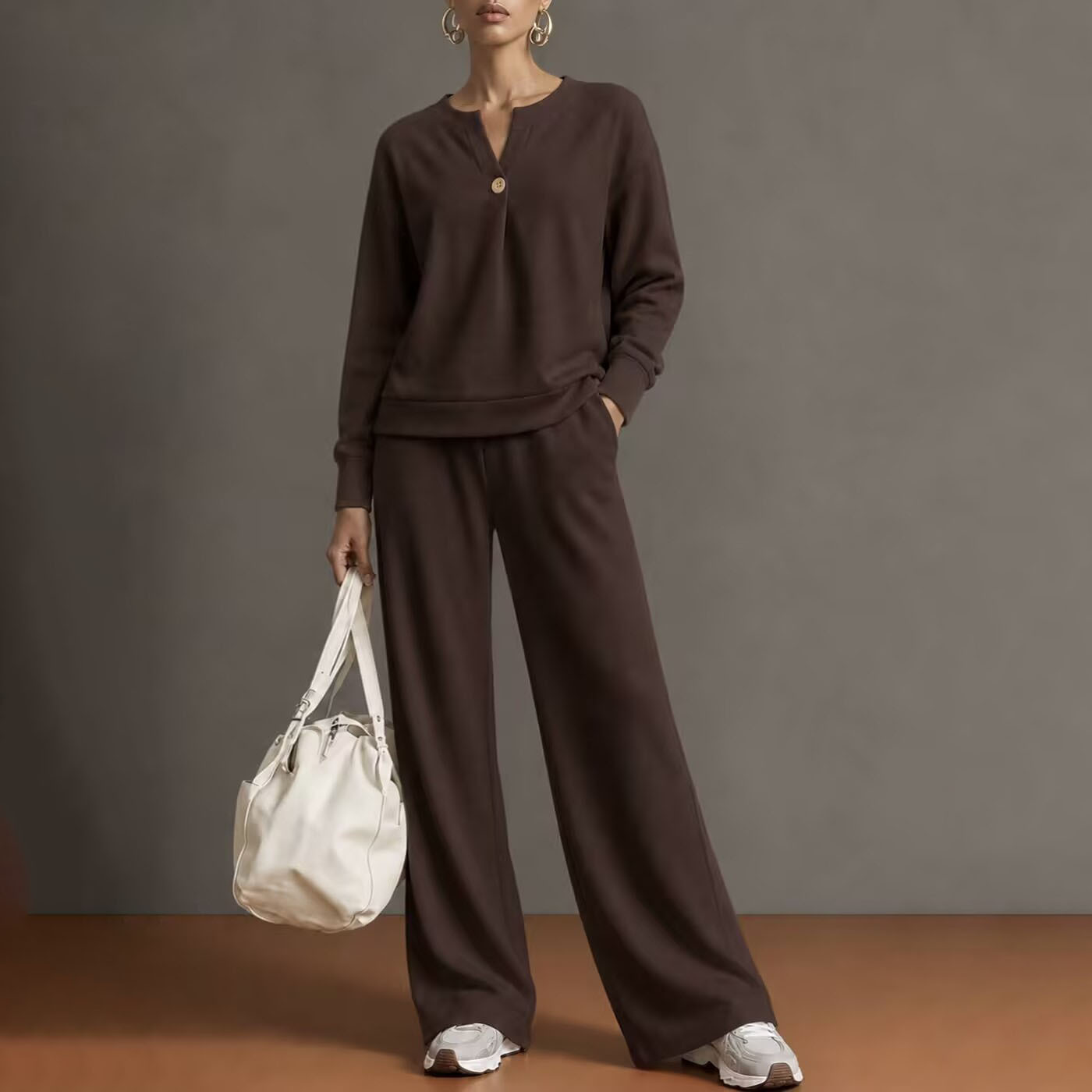 Women's Casual Solid Color Stand Collar Cardigan Sweatshirt and Wide-Leg Pants Set