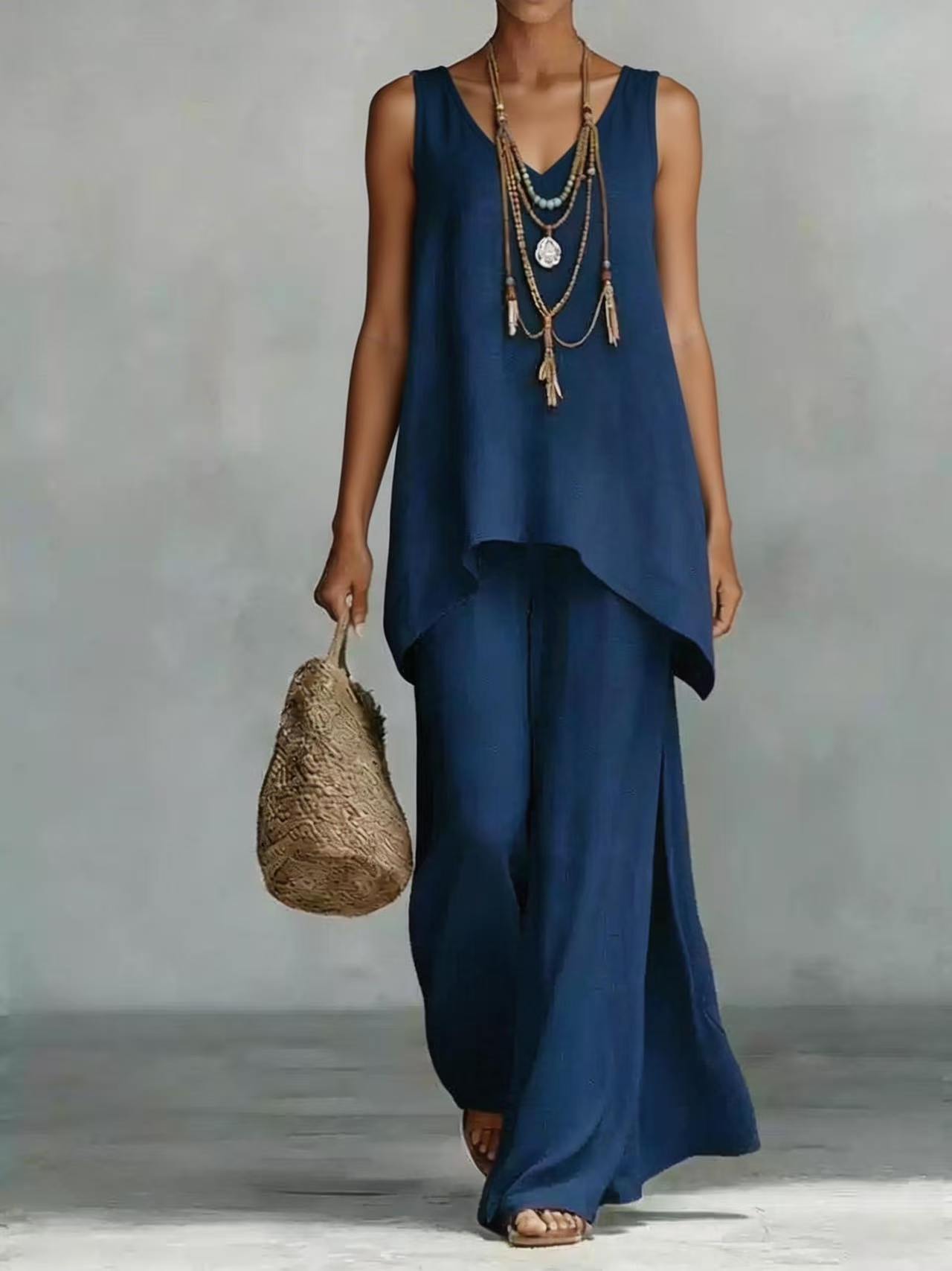 Women's Sleeveless V-Neck Top and Wide-Leg Pants Set Solid Color