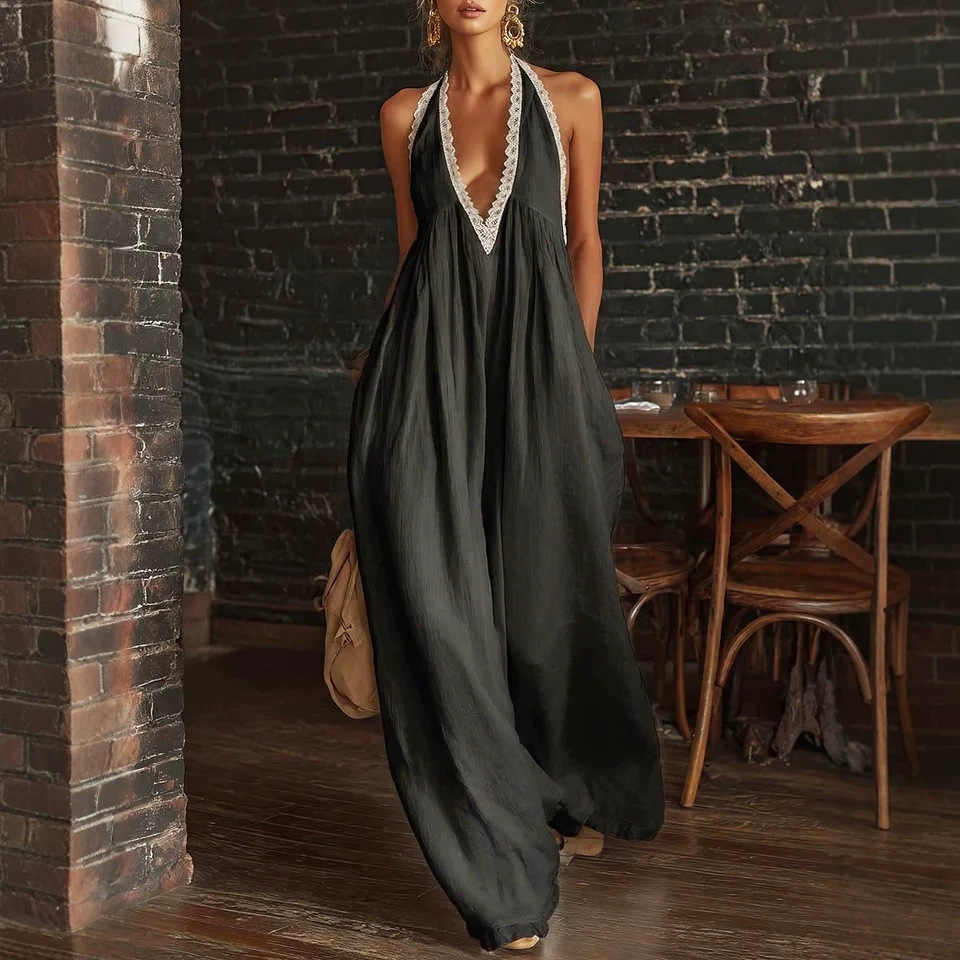 Lace-Trim Loose Linen Jumpsuit