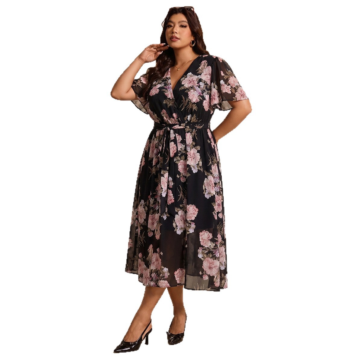 Plus Size Chiffon Dress Black Pink Floral V-Neck Waist Midi