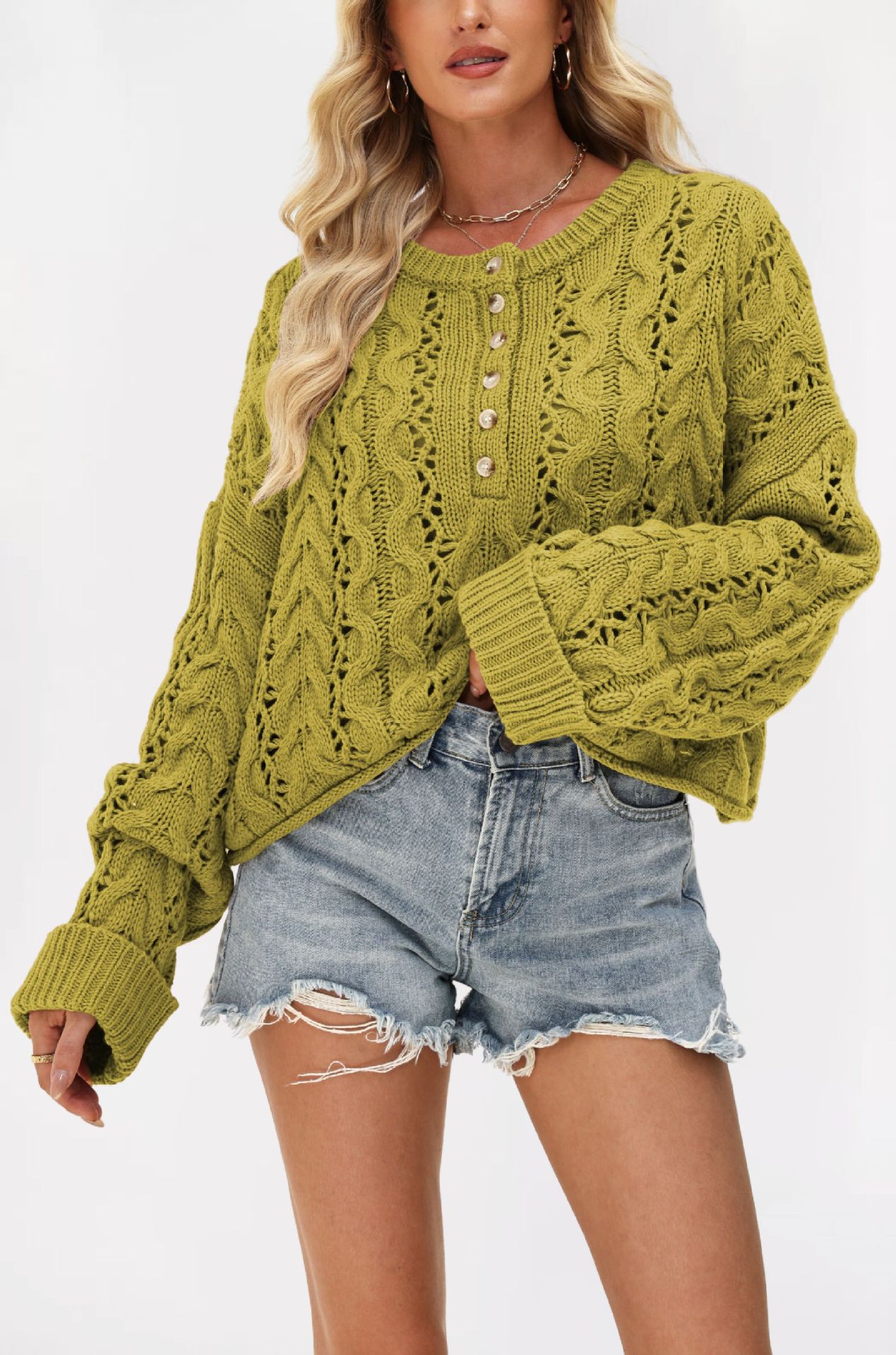 Button-Front Cable-Knit Cropped Sweater