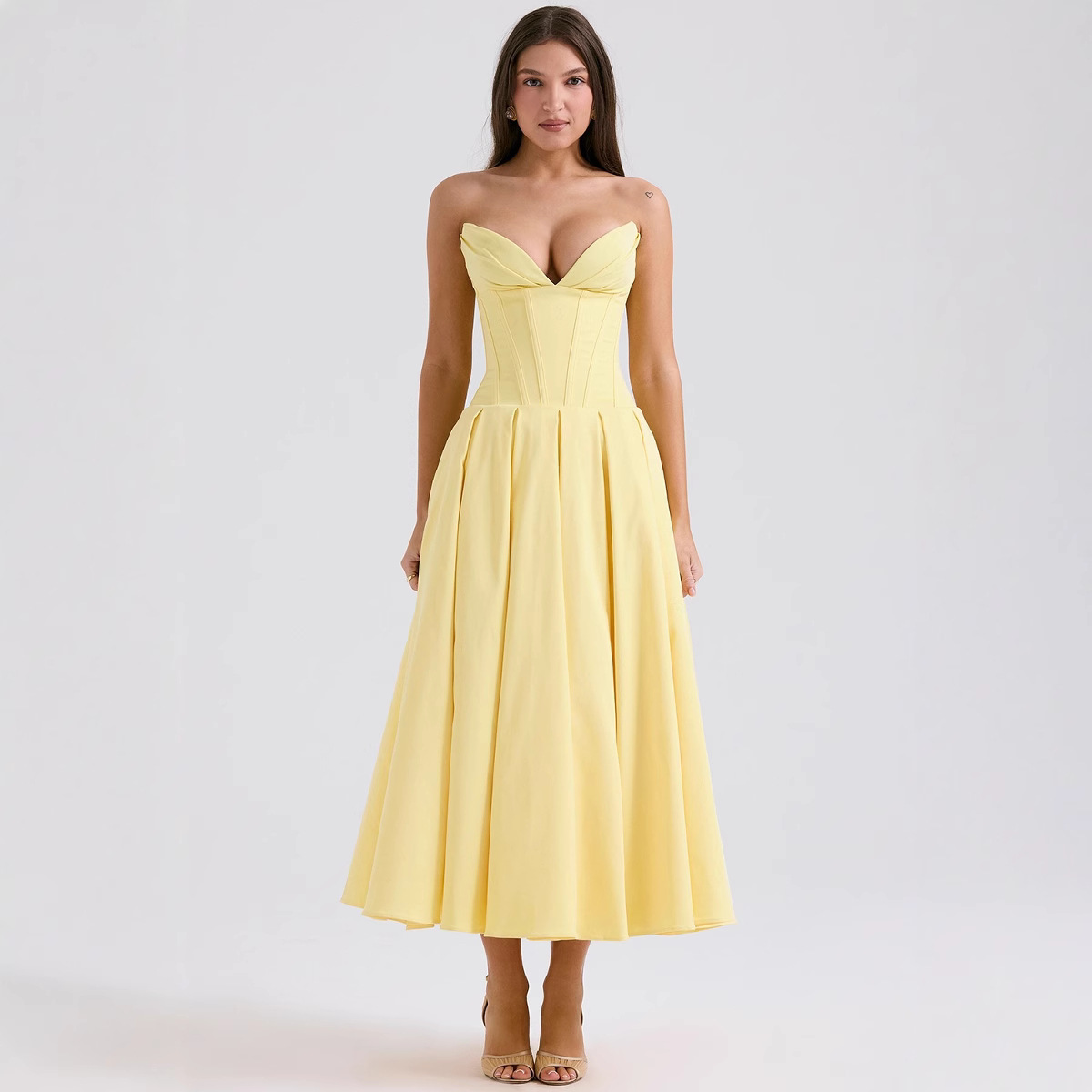 Women's Sleeveless Strapless Midi Dress Solid Color Slim Fit