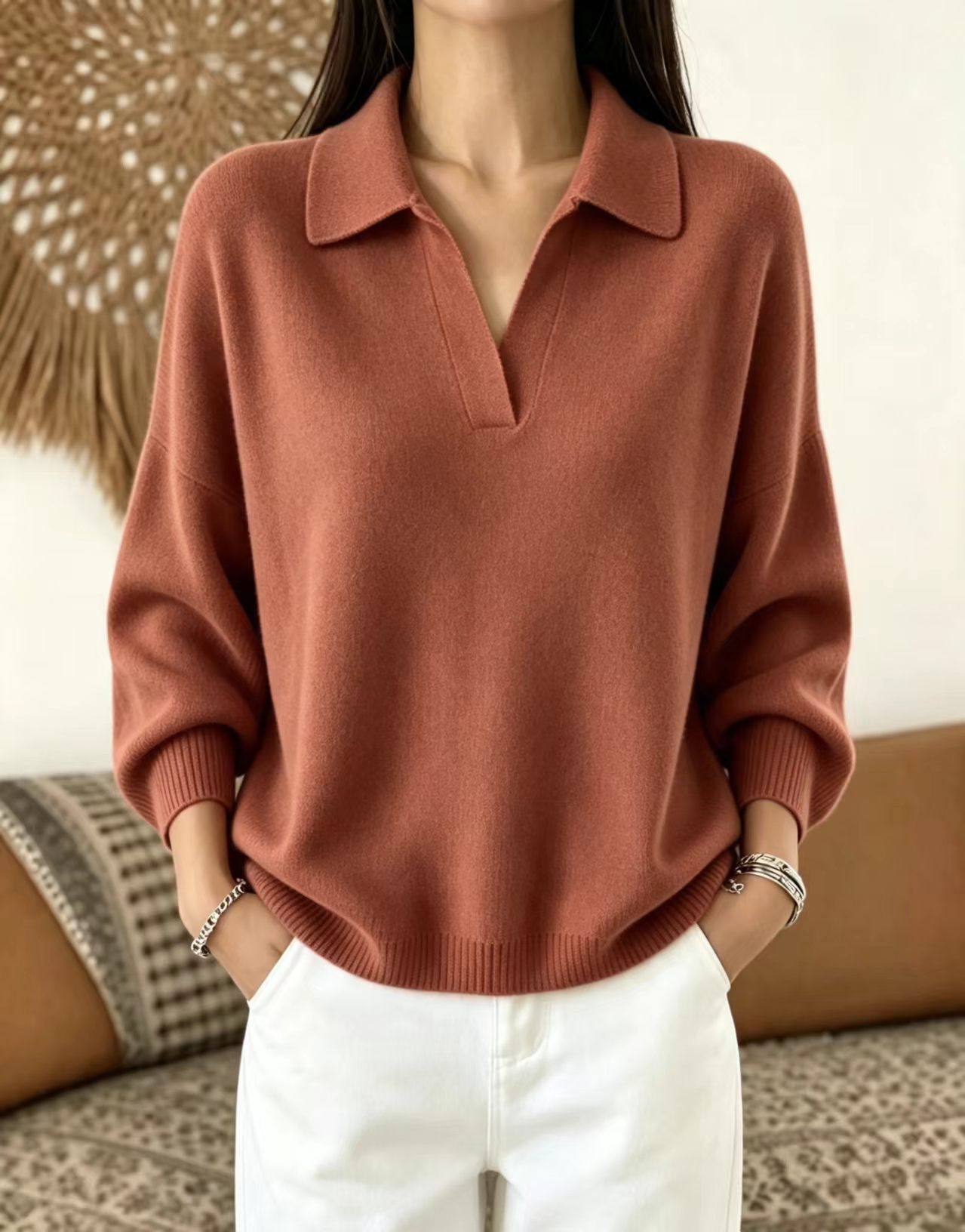 Polo Collar Knit Sweater Loose Fit V-Neck Pullover