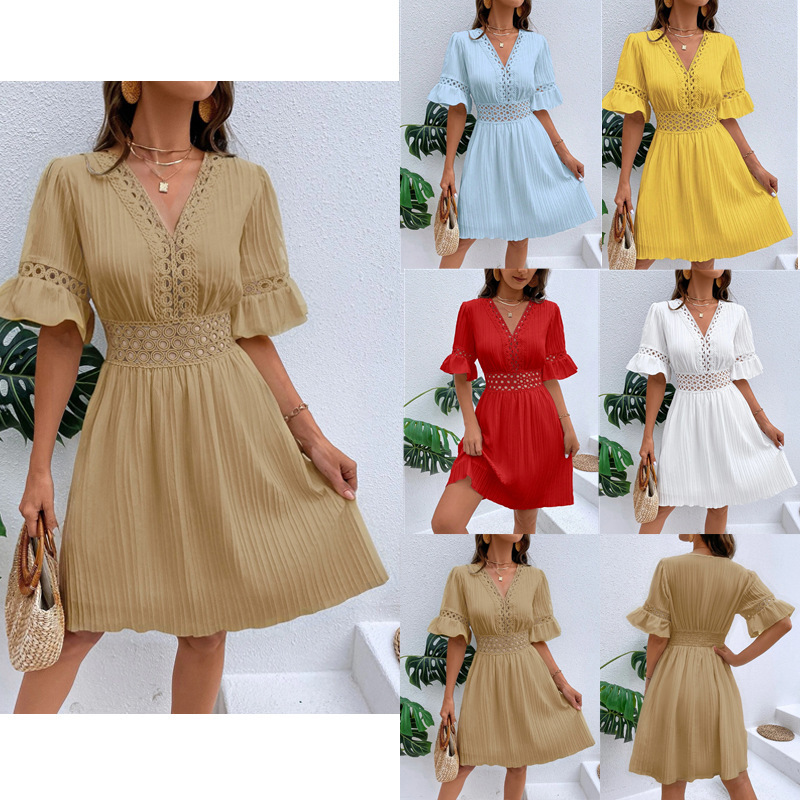 Women's Summer Lace-Trim V-Neck Waist-Defined Solid Dress
