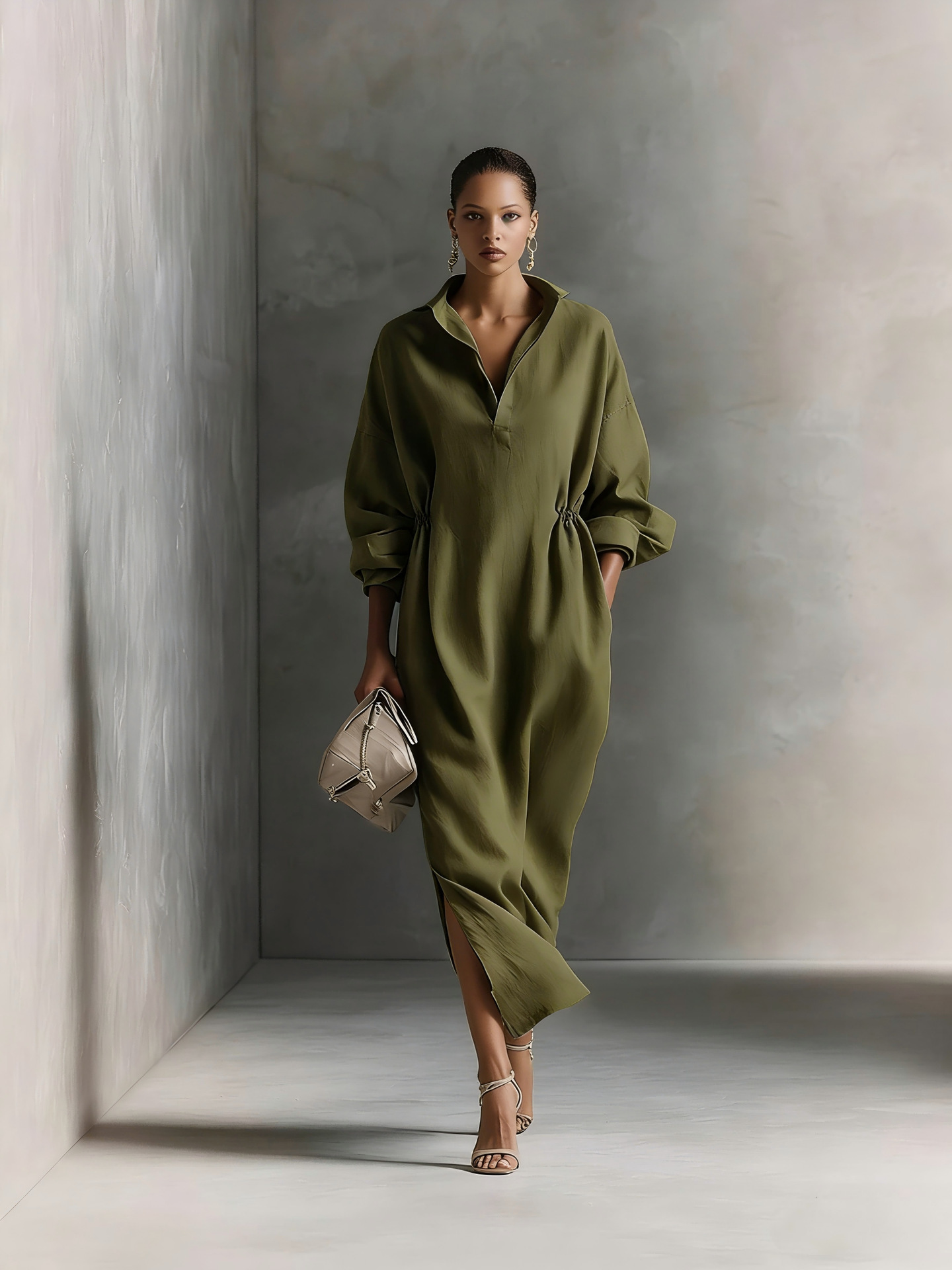 Elegant Long Sleeve V-Neck Slit A-Line Maxi Dress