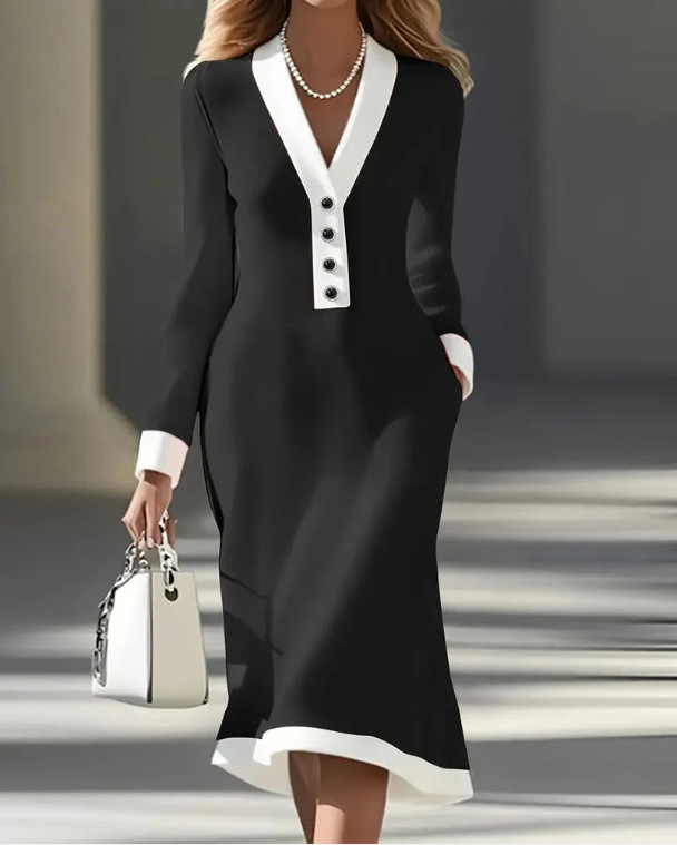 Elegant Color-Block V-Neck Midi Dress for Commuting
